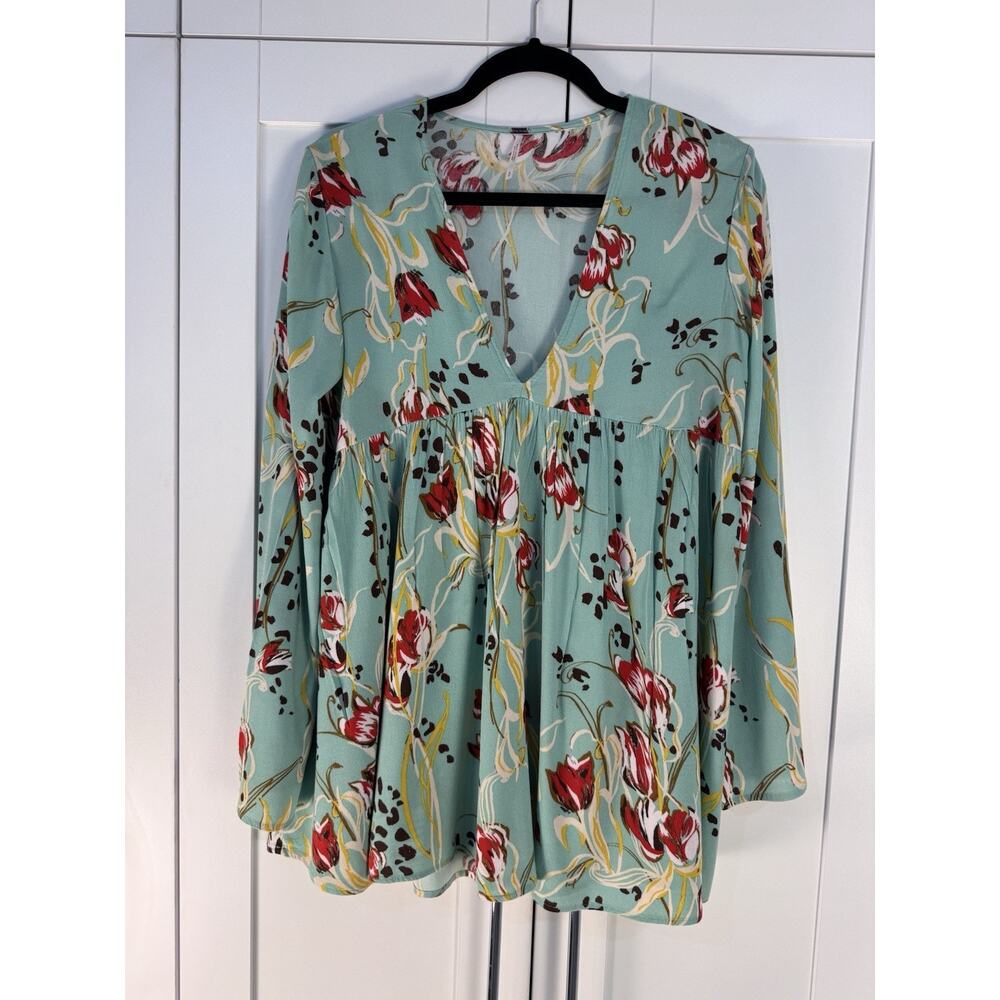 Free People Floral Babydoll Tunic Top Mint Green Boho Peasant Long Sleeve Size S